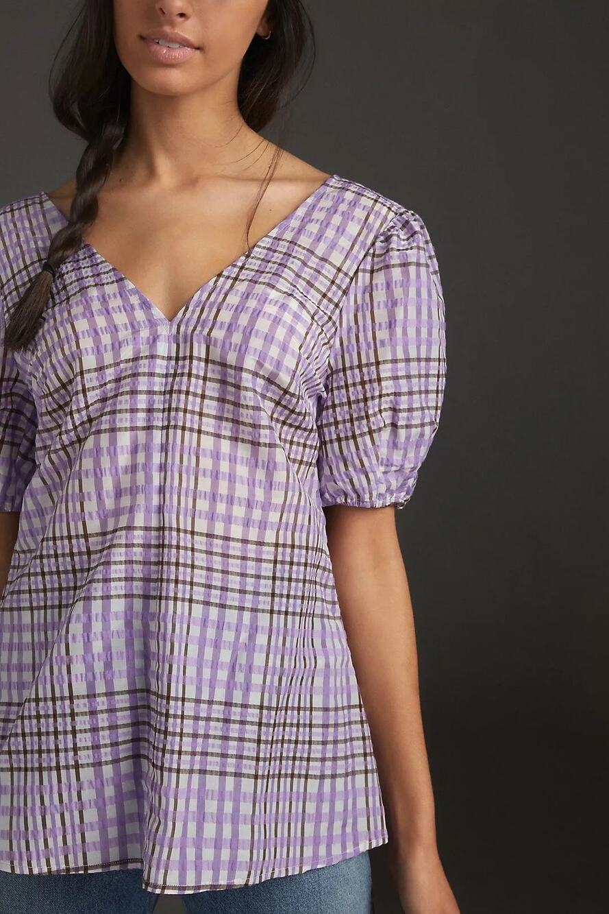 Mare Mare Anthropologie Purple White Marsha Plaid V Neck Short Sleeve Top Medium